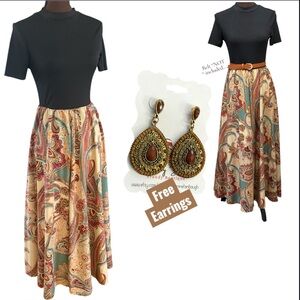 Maxi Dress, Paisley Dress w/Black Ribbed Short Sleeve Top, Dress & Earring Set